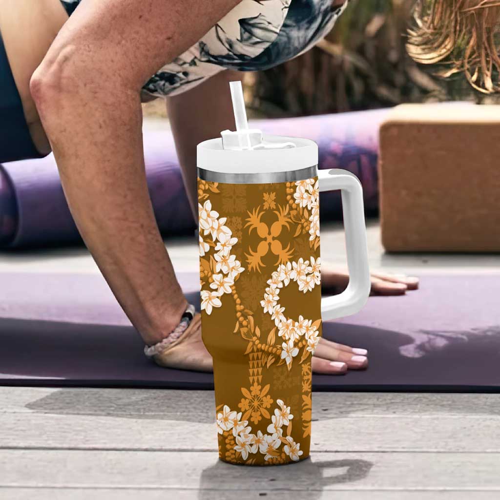 Mokihana Maile and Ilima Leis Tumbler With Handle Alani Hawaiian Tapa Quilt Pattern - Polynesian Pride