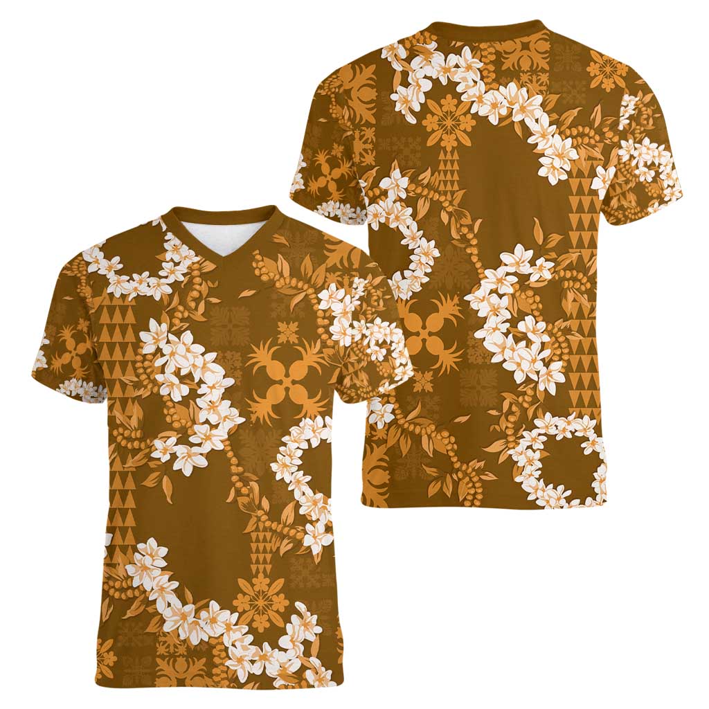 Mokihana Maile and Ilima Leis Women V-Neck T-Shirt Alani Hawaiian Tapa Quilt Pattern - Polynesian Pride