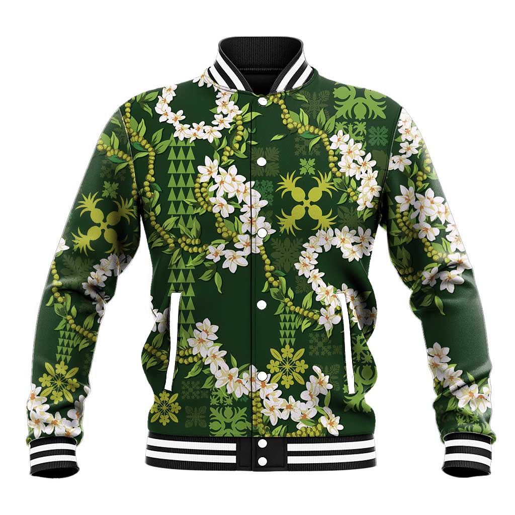 Mokihana Maile and Ilima Leis Baseball Jacket Omaʻomaʻo Hawaiian Tapa Quilt Pattern - Polynesian Pride