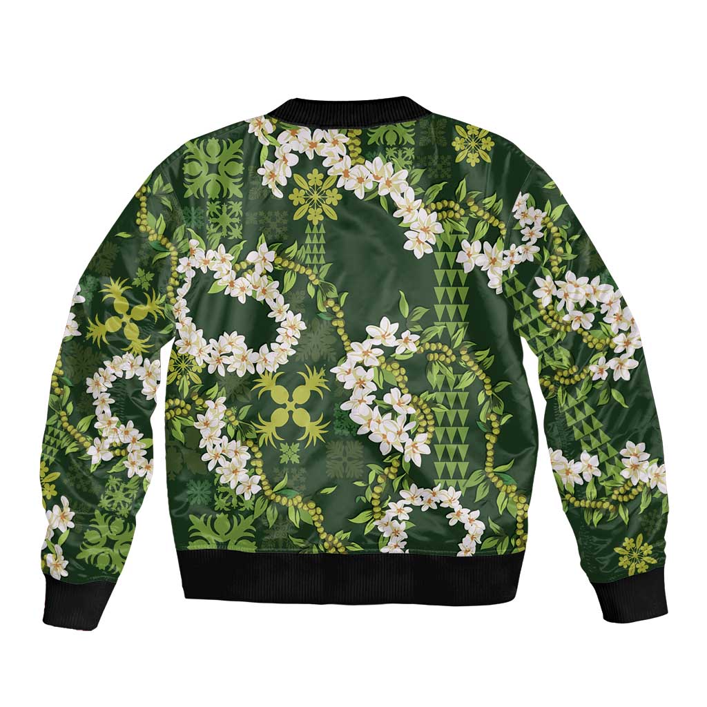 Mokihana Maile and Ilima Leis Bomber Jacket Omaʻomaʻo Hawaiian Tapa Quilt Pattern - Polynesian Pride