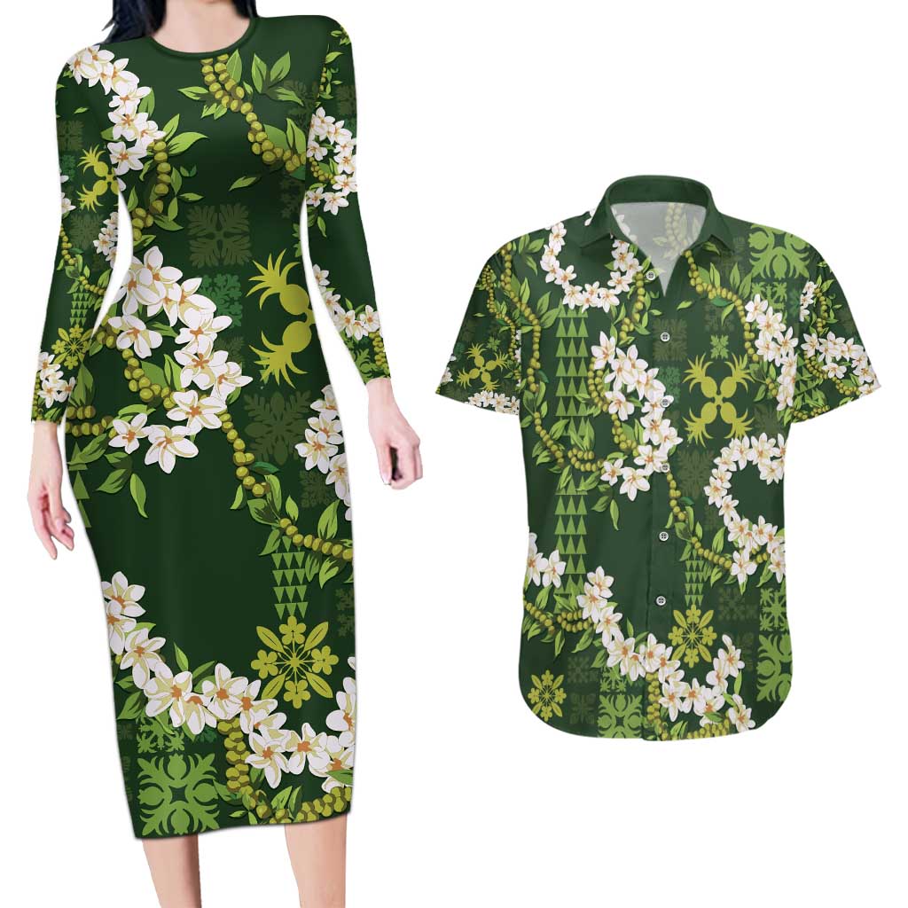 Mokihana Maile and Ilima Leis Couples Matching Long Sleeve Bodycon Dress and Hawaiian Shirt Omaʻomaʻo Hawaiian Tapa Quilt Pattern - Polynesian Pride