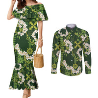 Mokihana Maile and Ilima Leis Couples Matching Mermaid Dress and Long Sleeve Button Shirt Omaʻomaʻo Hawaiian Tapa Quilt Pattern - Polynesian Pride