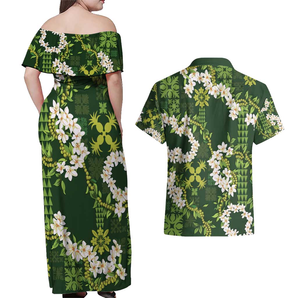 Mokihana Maile and Ilima Leis Couples Matching Off Shoulder Maxi Dress and Hawaiian Shirt Omaʻomaʻo Hawaiian Tapa Quilt Pattern - Polynesian Pride