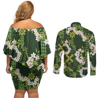 Mokihana Maile and Ilima Leis Couples Matching Off Shoulder Short Dress and Long Sleeve Button Shirt Omaʻomaʻo Hawaiian Tapa Quilt Pattern - Polynesian Pride