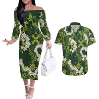 Mokihana Maile and Ilima Leis Couples Matching Off The Shoulder Long Sleeve Dress and Hawaiian Shirt Omaʻomaʻo Hawaiian Tapa Quilt Pattern - Polynesian Pride