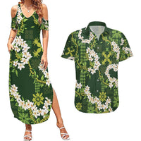 Mokihana Maile and Ilima Leis Couples Matching Summer Maxi Dress and Hawaiian Shirt Omaʻomaʻo Hawaiian Tapa Quilt Pattern - Polynesian Pride
