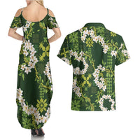 Mokihana Maile and Ilima Leis Couples Matching Summer Maxi Dress and Hawaiian Shirt Omaʻomaʻo Hawaiian Tapa Quilt Pattern - Polynesian Pride