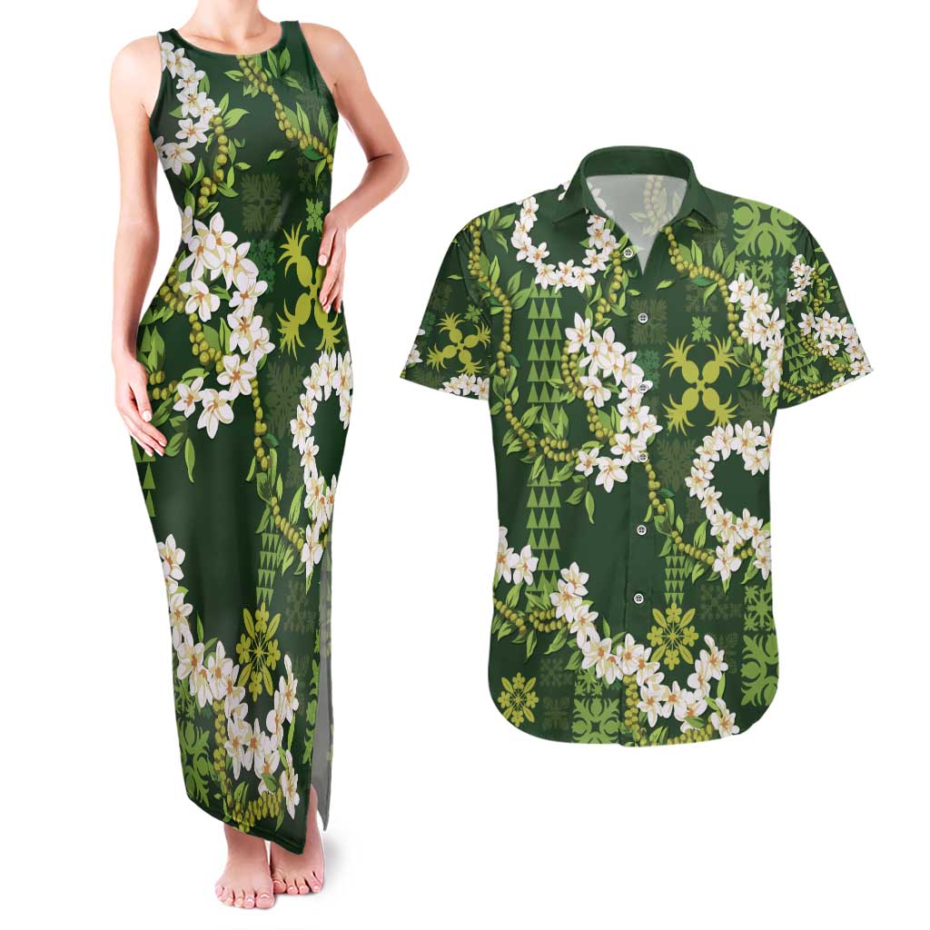 Mokihana Maile and Ilima Leis Couples Matching Tank Maxi Dress and Hawaiian Shirt Omaʻomaʻo Hawaiian Tapa Quilt Pattern - Polynesian Pride
