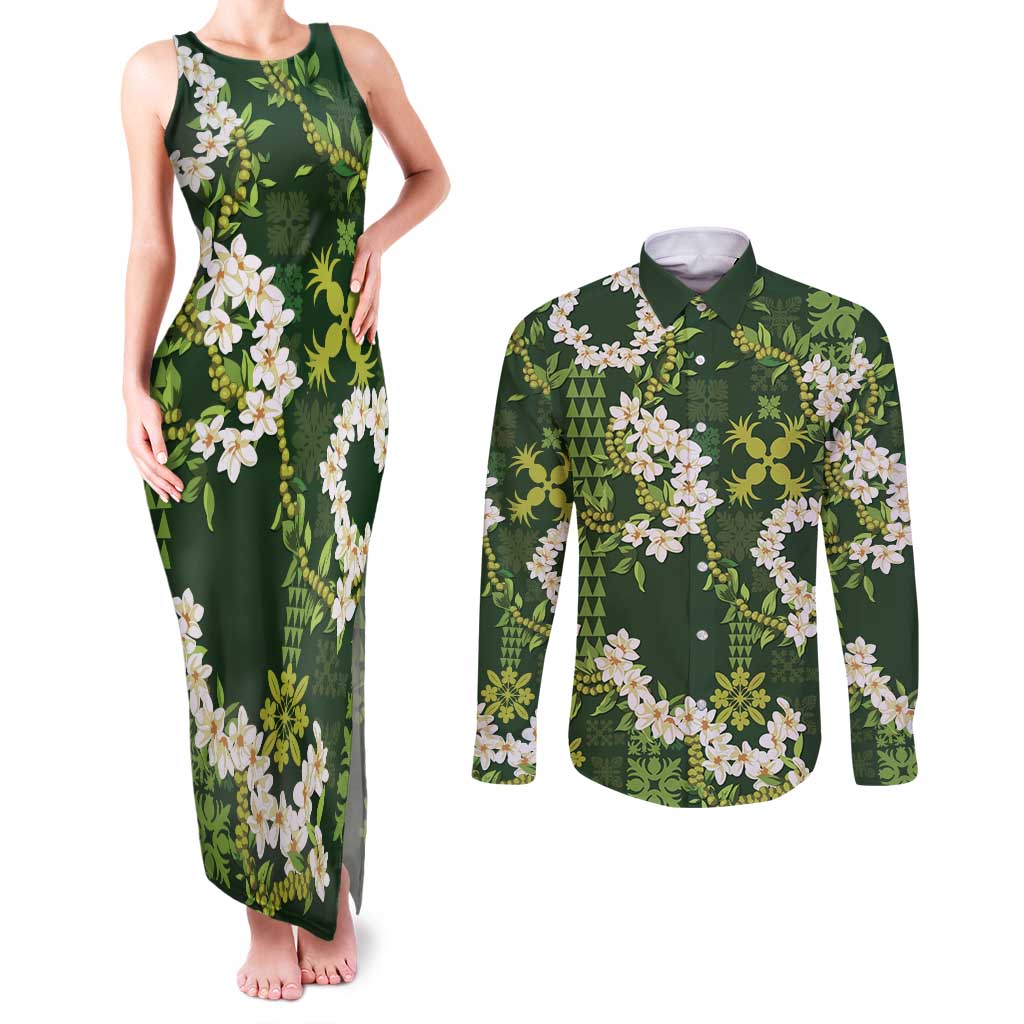 Mokihana Maile and Ilima Leis Couples Matching Tank Maxi Dress and Long Sleeve Button Shirt Omaʻomaʻo Hawaiian Tapa Quilt Pattern - Polynesian Pride