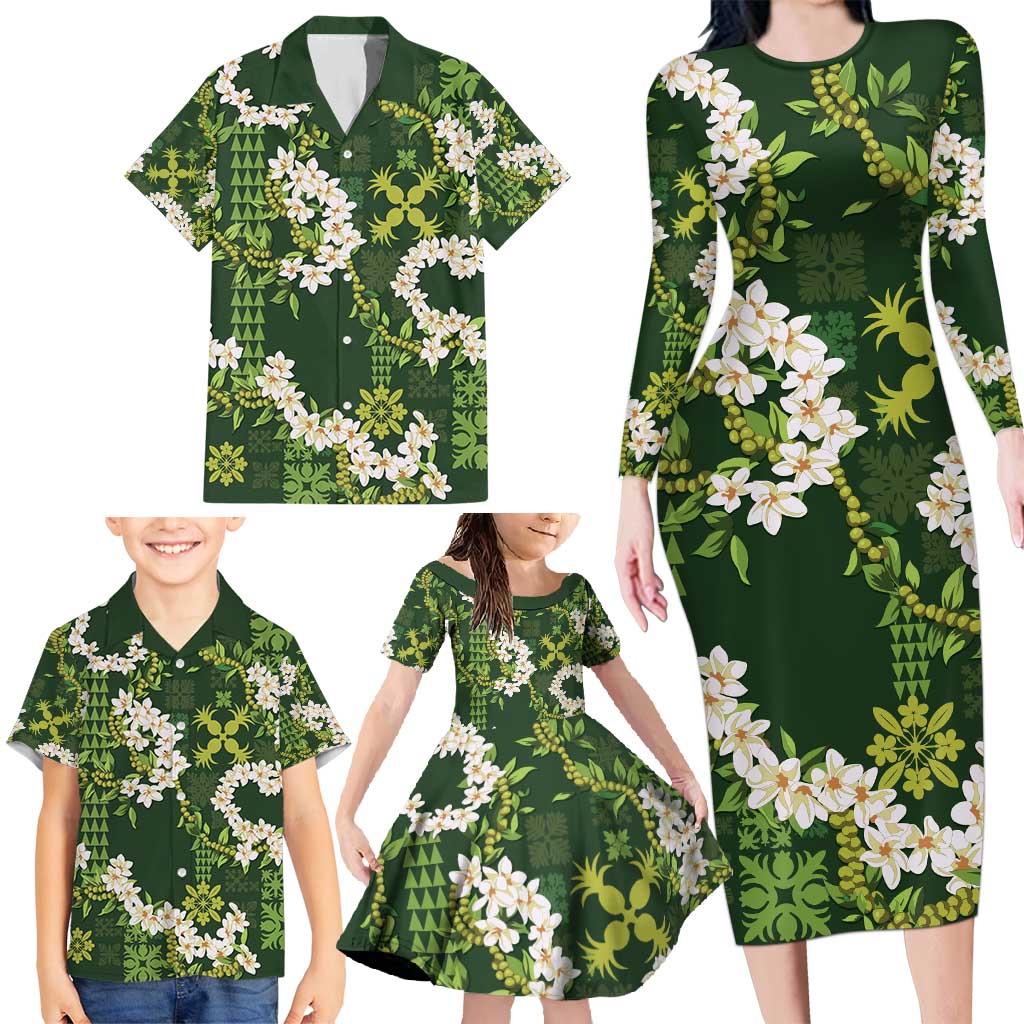 Mokihana Maile and Ilima Leis Family Matching Long Sleeve Bodycon Dress and Hawaiian Shirt Omaʻomaʻo Hawaiian Tapa Quilt Pattern - Polynesian Pride