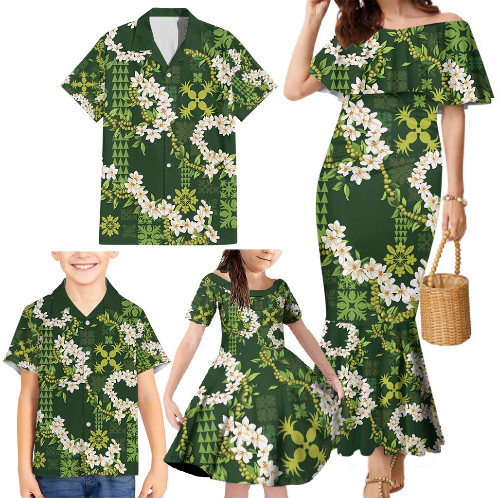 Mokihana Maile and Ilima Leis Family Matching Mermaid Dress and Hawaiian Shirt Omaʻomaʻo Hawaiian Tapa Quilt Pattern - Polynesian Pride