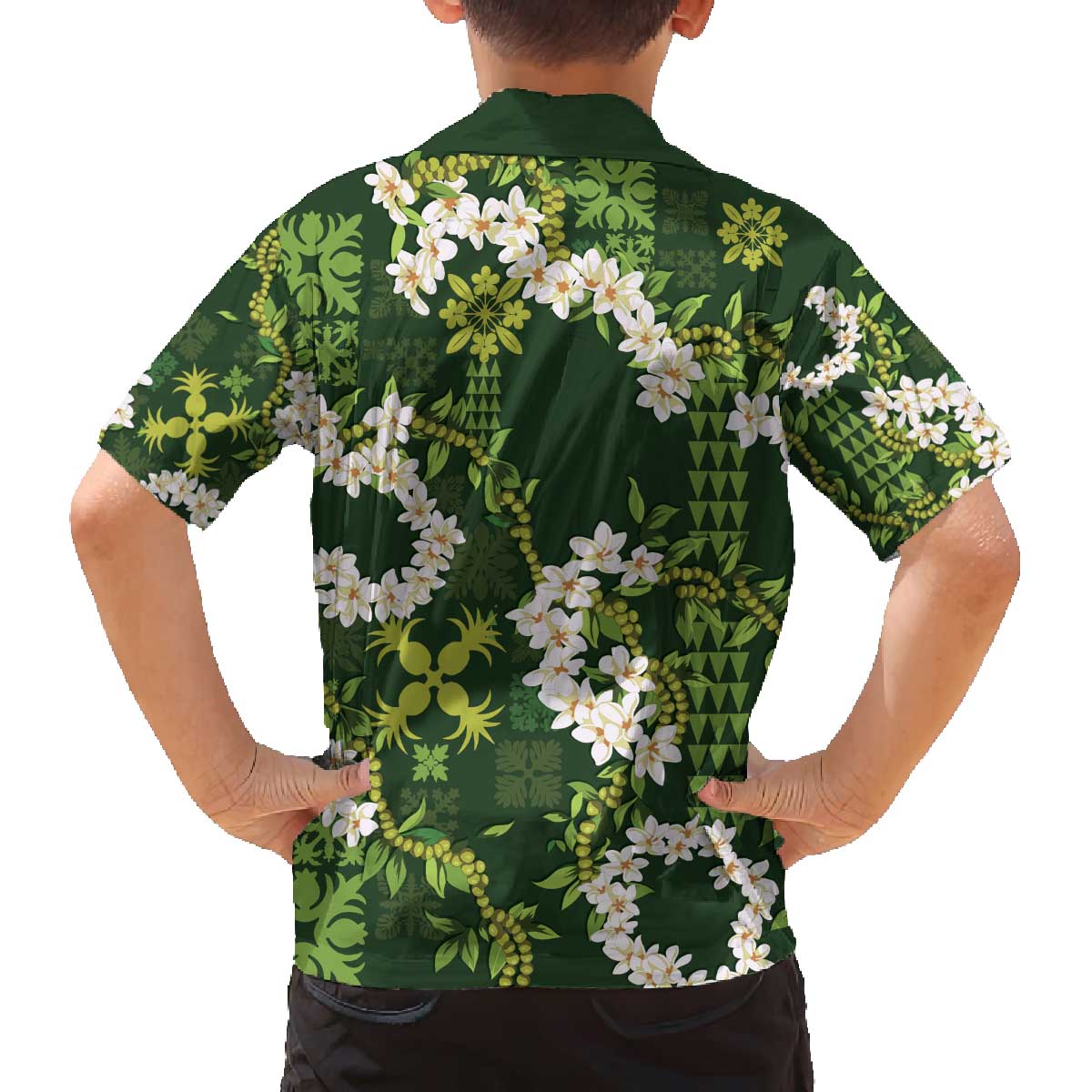 Mokihana Maile and Ilima Leis Family Matching Off The Shoulder Long Sleeve Dress and Hawaiian Shirt Omaʻomaʻo Hawaiian Tapa Quilt Pattern - Polynesian Pride