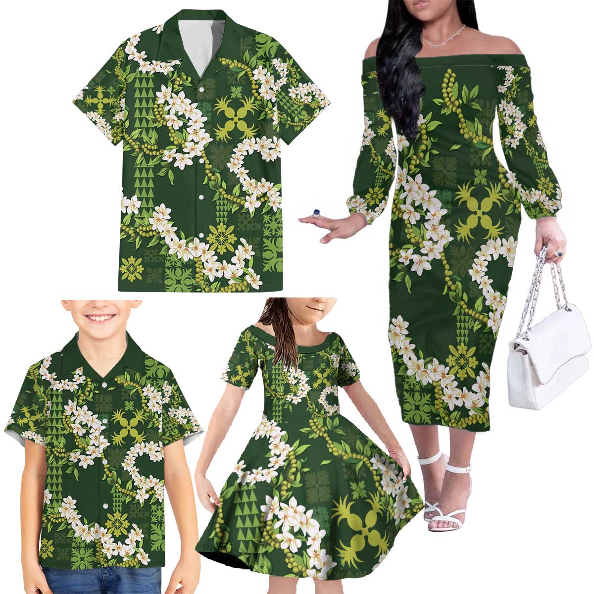 Mokihana Maile and Ilima Leis Family Matching Off The Shoulder Long Sleeve Dress and Hawaiian Shirt Omaʻomaʻo Hawaiian Tapa Quilt Pattern - Polynesian Pride