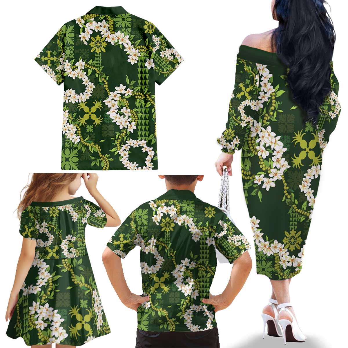 Mokihana Maile and Ilima Leis Family Matching Off The Shoulder Long Sleeve Dress and Hawaiian Shirt Omaʻomaʻo Hawaiian Tapa Quilt Pattern - Polynesian Pride
