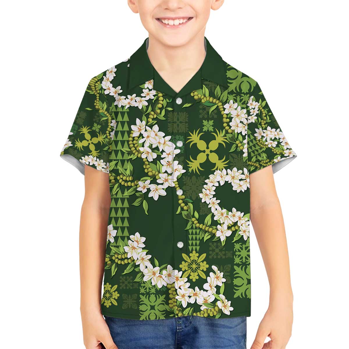 Mokihana Maile and Ilima Leis Family Matching Off The Shoulder Long Sleeve Dress and Hawaiian Shirt Omaʻomaʻo Hawaiian Tapa Quilt Pattern - Polynesian Pride