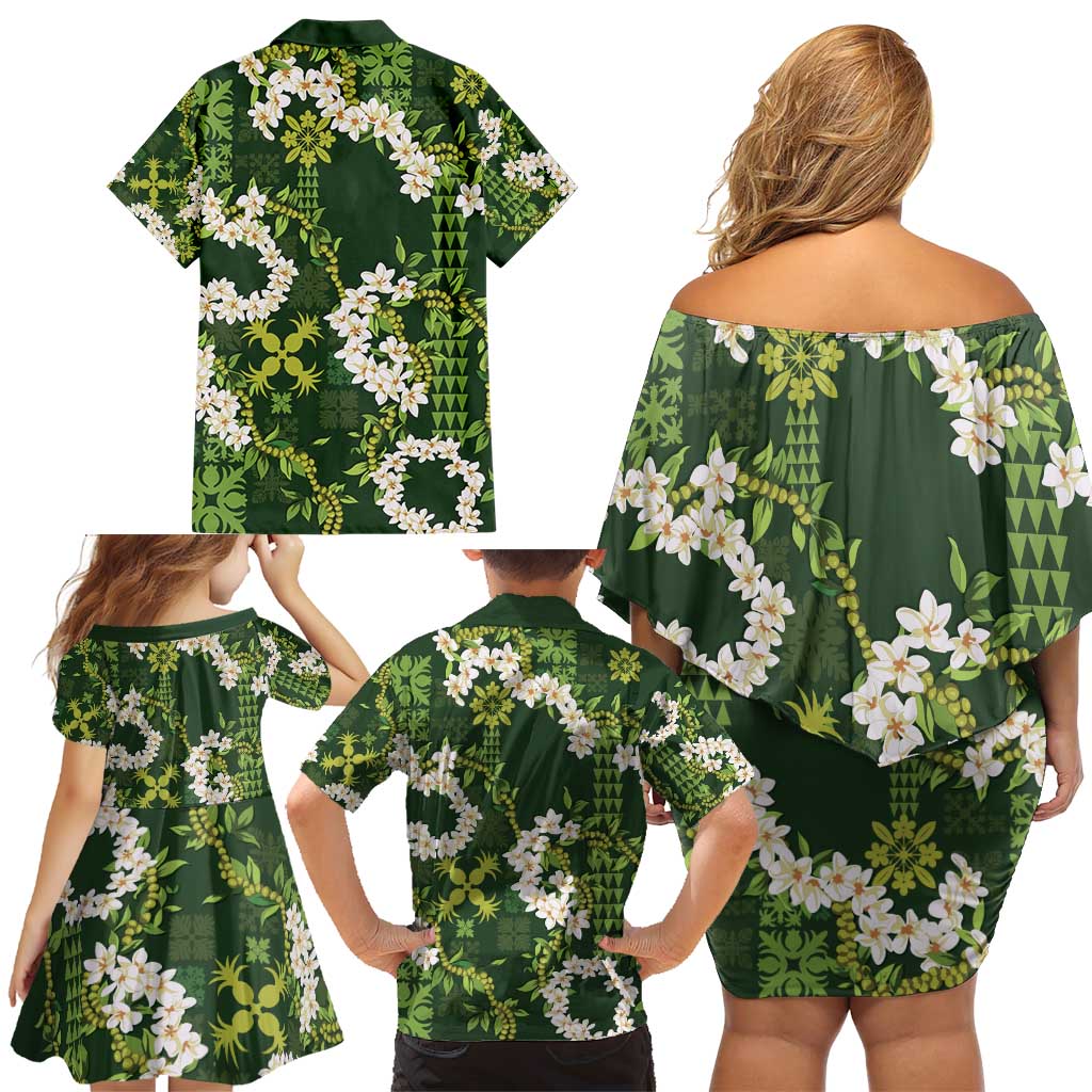 Mokihana Maile and Ilima Leis Family Matching Off Shoulder Short Dress and Hawaiian Shirt Omaʻomaʻo Hawaiian Tapa Quilt Pattern - Polynesian Pride