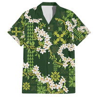 Mokihana Maile and Ilima Leis Family Matching Off Shoulder Short Dress and Hawaiian Shirt Omaʻomaʻo Hawaiian Tapa Quilt Pattern - Polynesian Pride