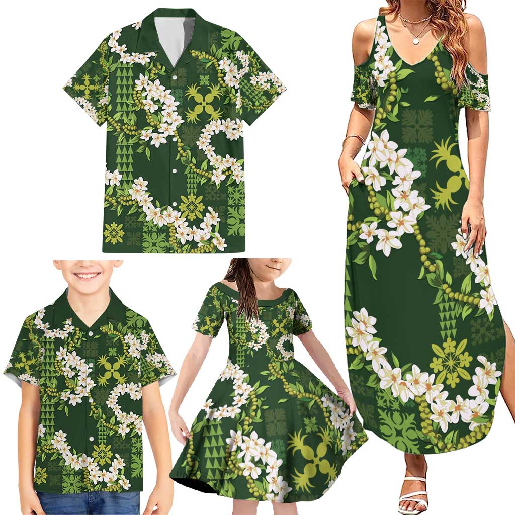 Mokihana Maile and Ilima Leis Family Matching Summer Maxi Dress and Hawaiian Shirt Omaʻomaʻo Hawaiian Tapa Quilt Pattern - Polynesian Pride