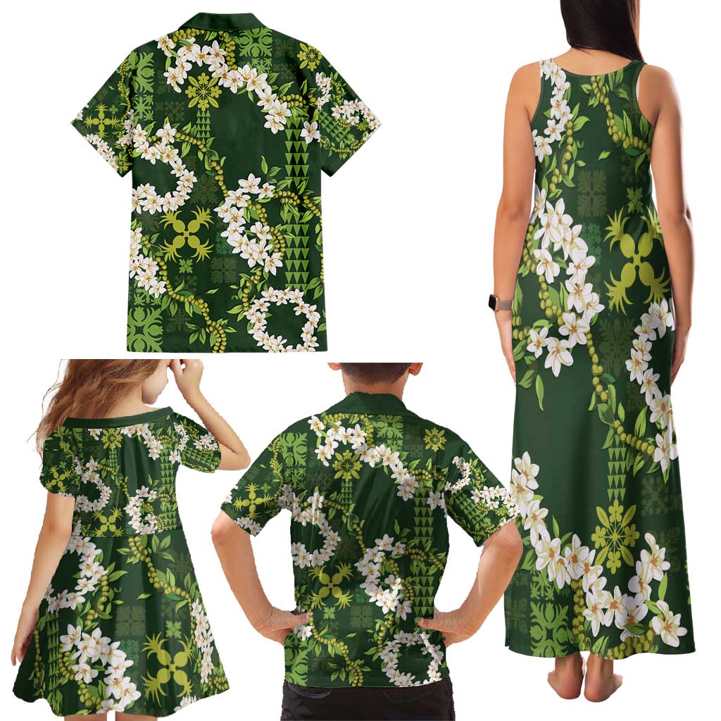 Mokihana Maile and Ilima Leis Family Matching Tank Maxi Dress and Hawaiian Shirt Omaʻomaʻo Hawaiian Tapa Quilt Pattern - Polynesian Pride
