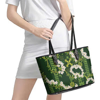 Mokihana Maile and Ilima Leis Leather Tote Bag Omaʻomaʻo Hawaiian Tapa Quilt Pattern - Polynesian Pride