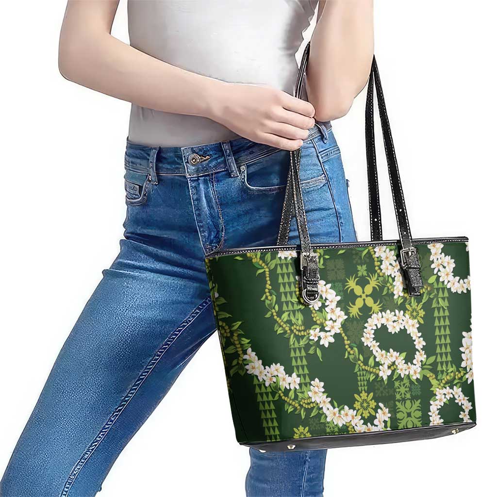 Mokihana Maile and Ilima Leis Leather Tote Bag Omaʻomaʻo Hawaiian Tapa Quilt Pattern - Polynesian Pride
