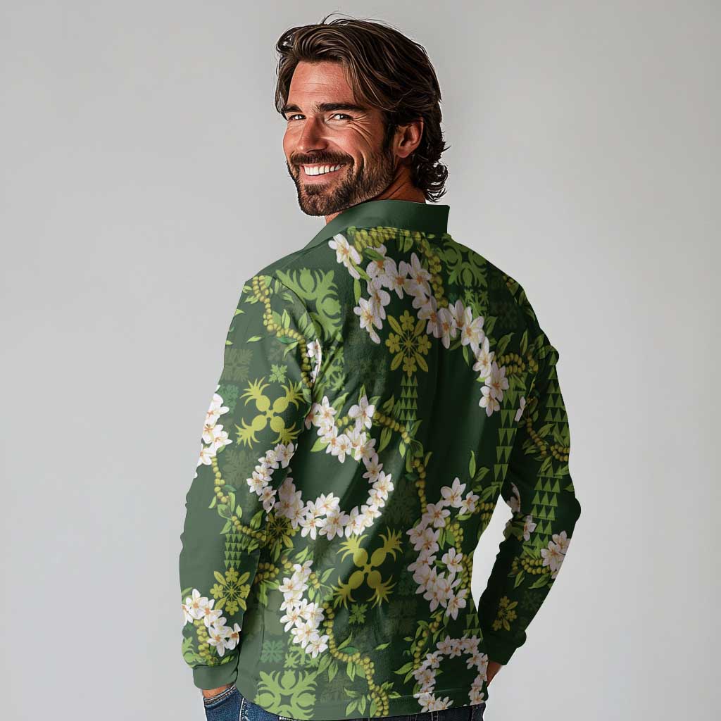 Mokihana Maile and Ilima Leis Long Sleeve Polo Shirt Omaʻomaʻo Hawaiian Tapa Quilt Pattern - Polynesian Pride