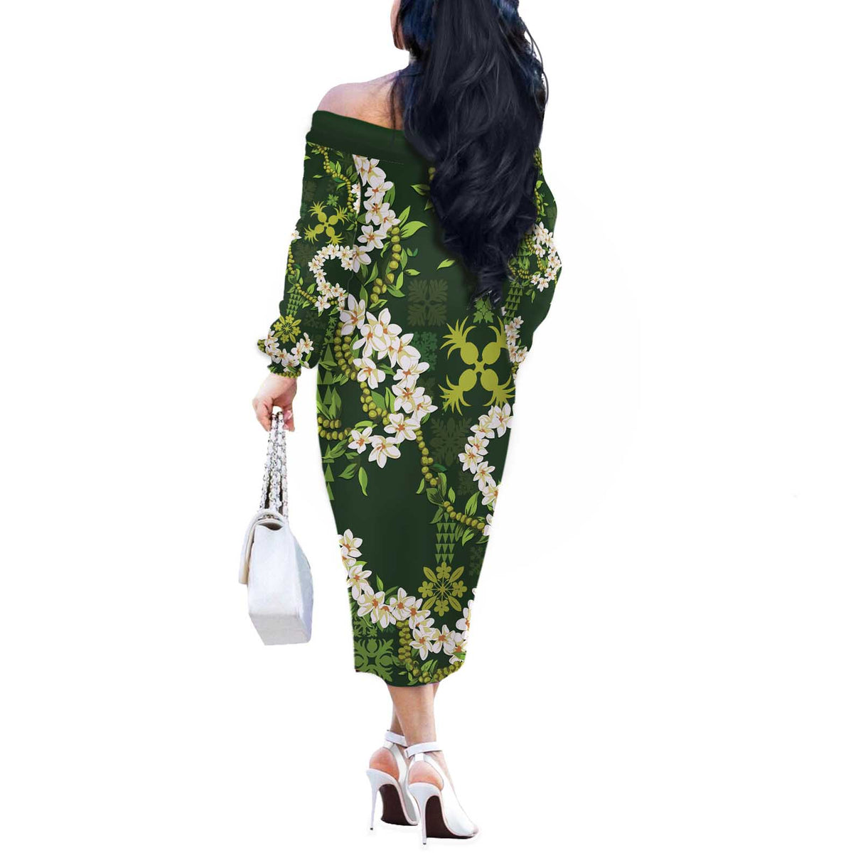 Mokihana Maile and Ilima Leis Off The Shoulder Long Sleeve Dress Omaʻomaʻo Hawaiian Tapa Quilt Pattern - Polynesian Pride