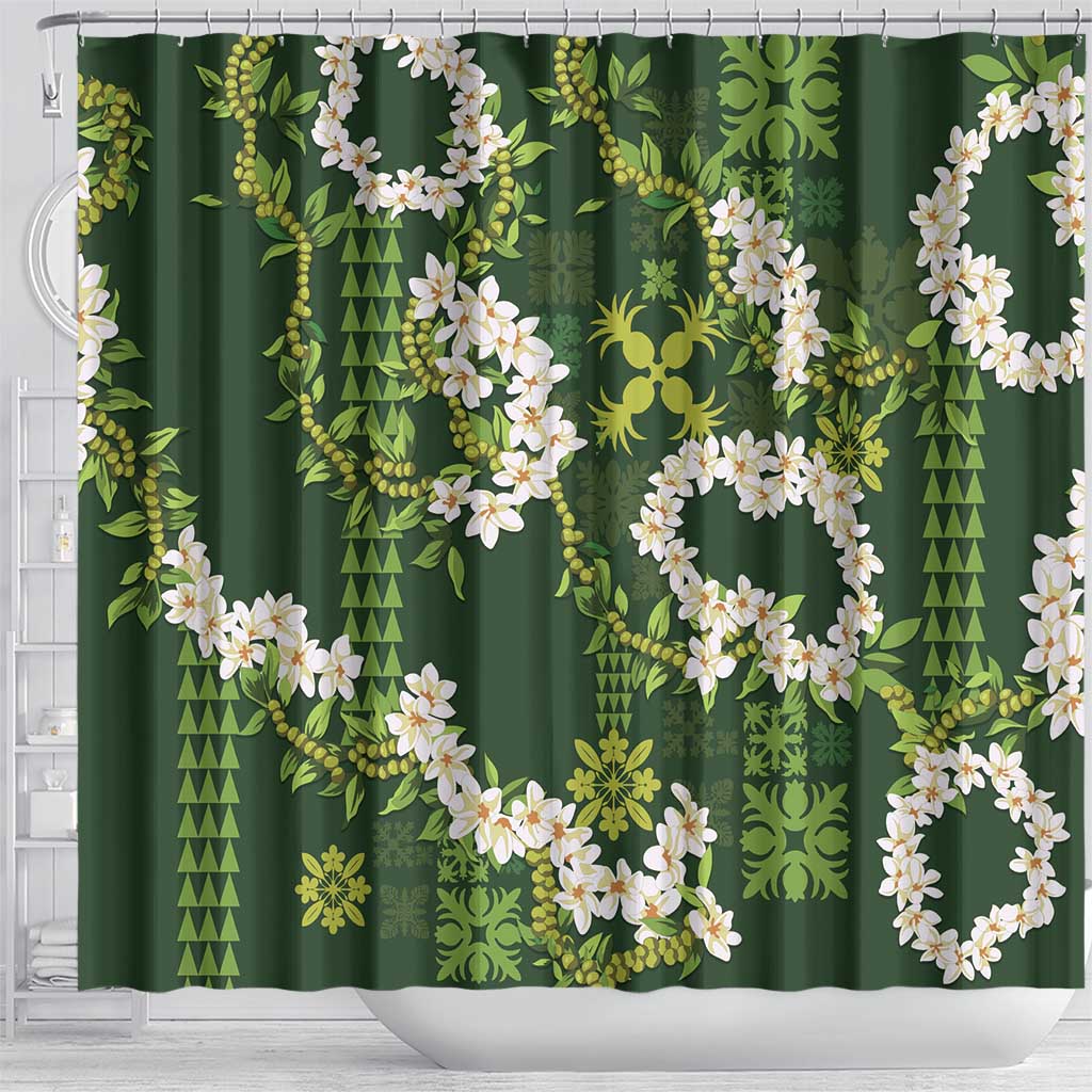 Mokihana Maile and Ilima Leis Shower Curtain Omaʻomaʻo Hawaiian Tapa Quilt Pattern - Polynesian Pride