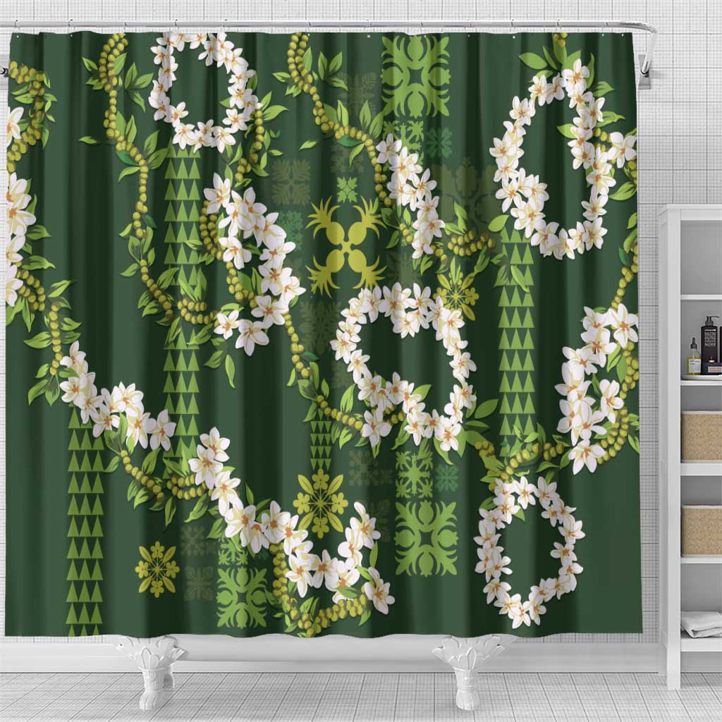 Mokihana Maile and Ilima Leis Shower Curtain Omaʻomaʻo Hawaiian Tapa Quilt Pattern - Polynesian Pride