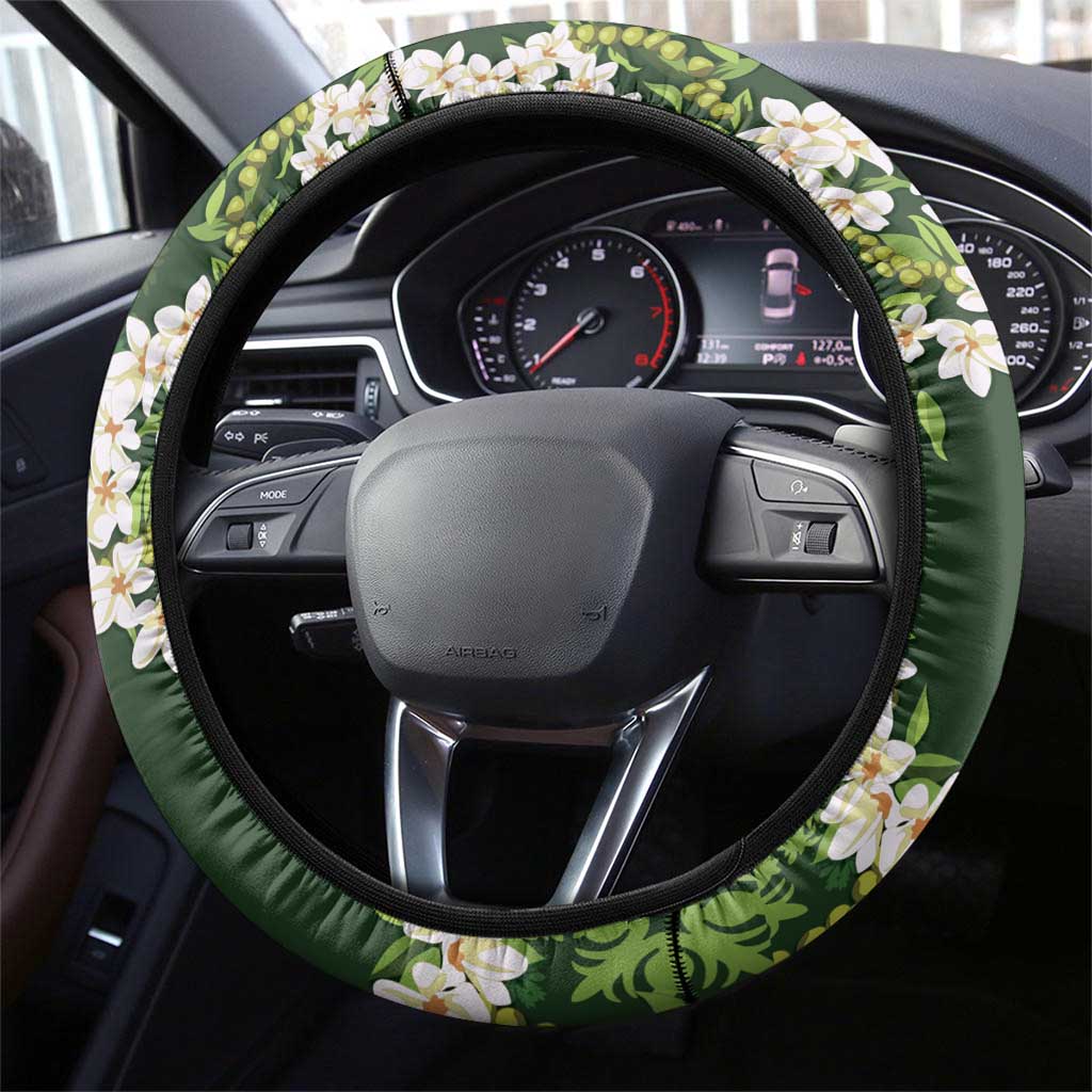 Mokihana Maile and Ilima Leis Steering Wheel Cover Omaʻomaʻo Hawaiian Tapa Quilt Pattern - Polynesian Pride