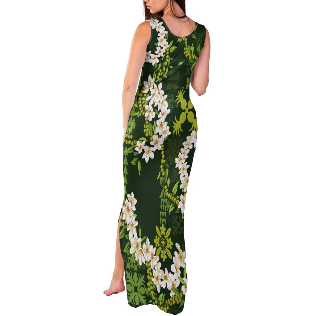 Mokihana Maile and Ilima Leis Tank Maxi Dress Omaʻomaʻo Hawaiian Tapa Quilt Pattern - Polynesian Pride