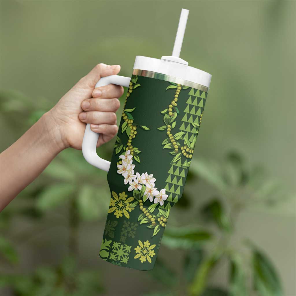 Mokihana Maile and Ilima Leis Tumbler With Handle Omaʻomaʻo Hawaiian Tapa Quilt Pattern - Polynesian Pride