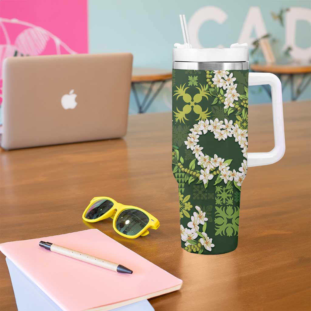 Mokihana Maile and Ilima Leis Tumbler With Handle Omaʻomaʻo Hawaiian Tapa Quilt Pattern - Polynesian Pride