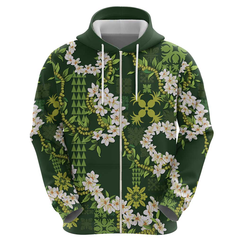 Mokihana Maile and Ilima Leis Zip Hoodie Omaʻomaʻo Hawaiian Tapa Quilt Pattern - Polynesian Pride