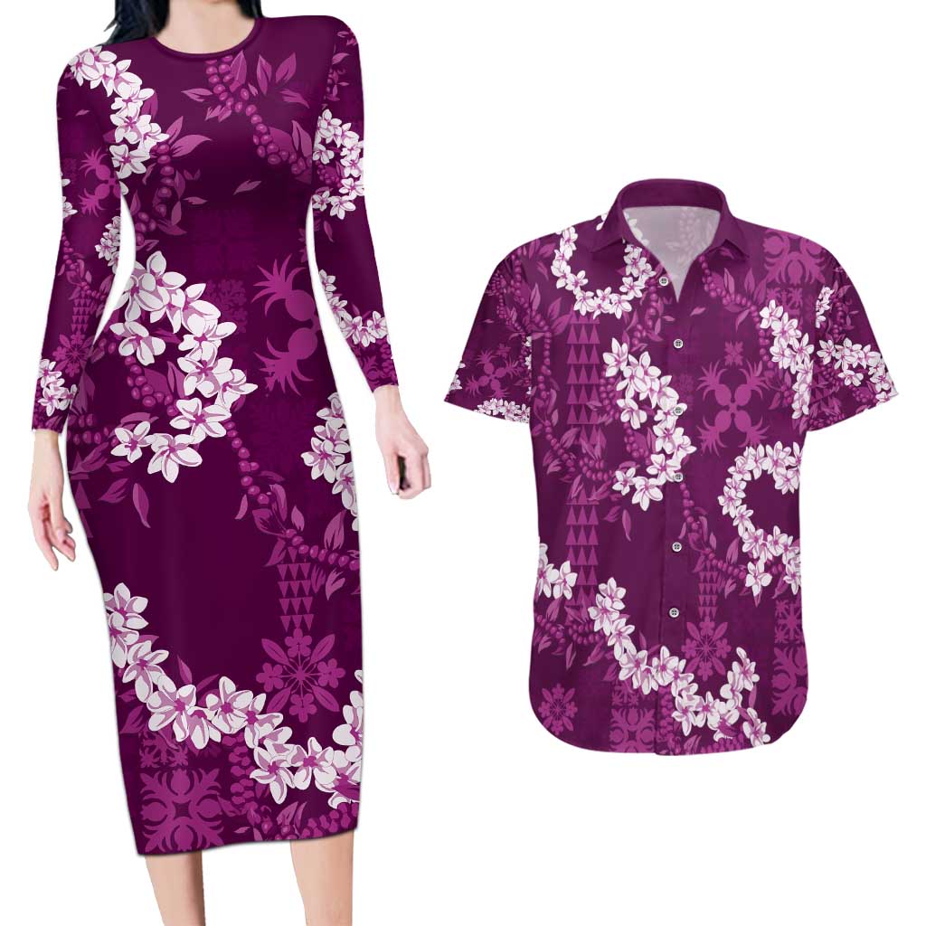 Mokihana Maile and Ilima Leis Couples Matching Long Sleeve Bodycon Dress and Hawaiian Shirt Akala Hawaiian Tapa Quilt Pattern - Polynesian Pride