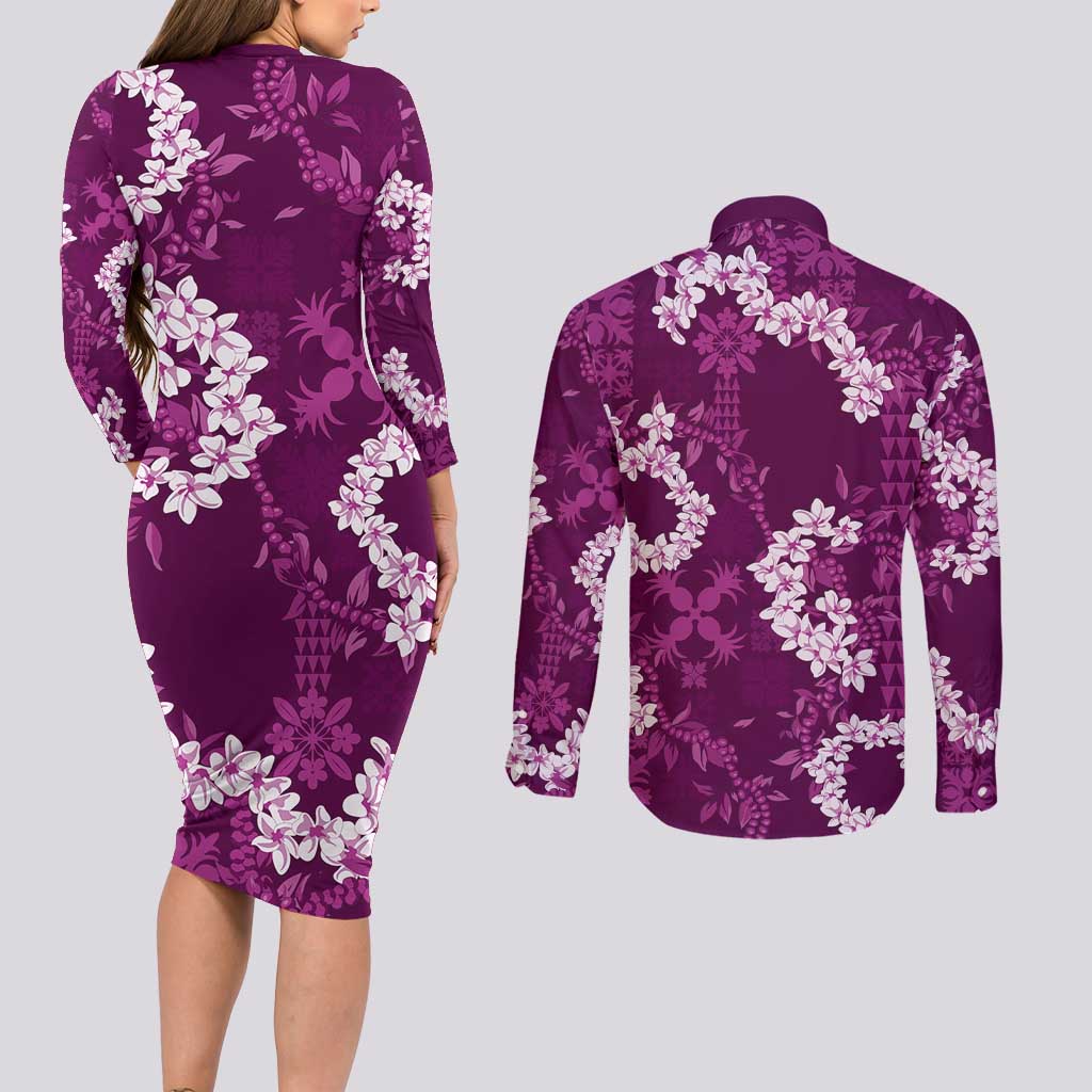 Mokihana Maile and Ilima Leis Couples Matching Long Sleeve Bodycon Dress and Long Sleeve Button Shirt Akala Hawaiian Tapa Quilt Pattern - Polynesian Pride