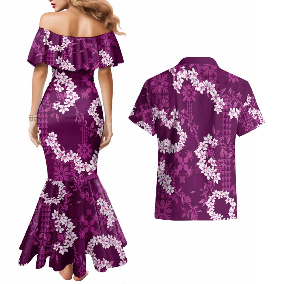 Mokihana Maile and Ilima Leis Couples Matching Mermaid Dress and Hawaiian Shirt Akala Hawaiian Tapa Quilt Pattern - Polynesian Pride