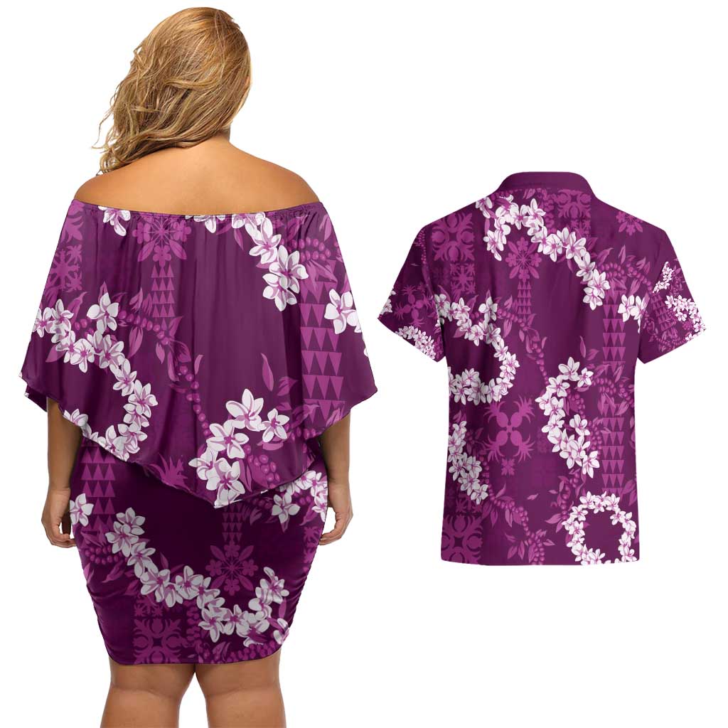 Mokihana Maile and Ilima Leis Couples Matching Off Shoulder Short Dress and Hawaiian Shirt Akala Hawaiian Tapa Quilt Pattern - Polynesian Pride