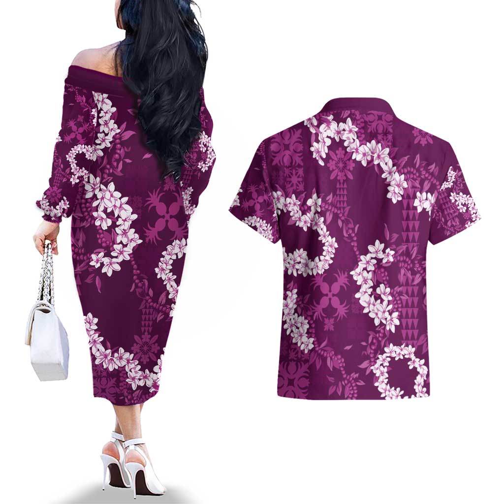 Mokihana Maile and Ilima Leis Couples Matching Off The Shoulder Long Sleeve Dress and Hawaiian Shirt Akala Hawaiian Tapa Quilt Pattern - Polynesian Pride
