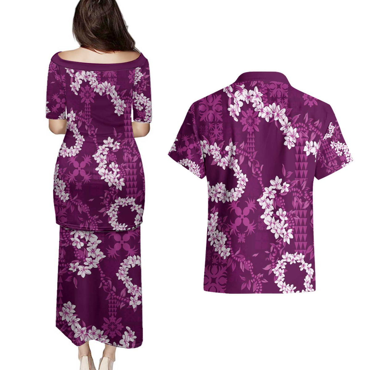 Mokihana Maile and Ilima Leis Couples Matching Puletasi and Hawaiian Shirt Akala Hawaiian Tapa Quilt Pattern - Polynesian Pride