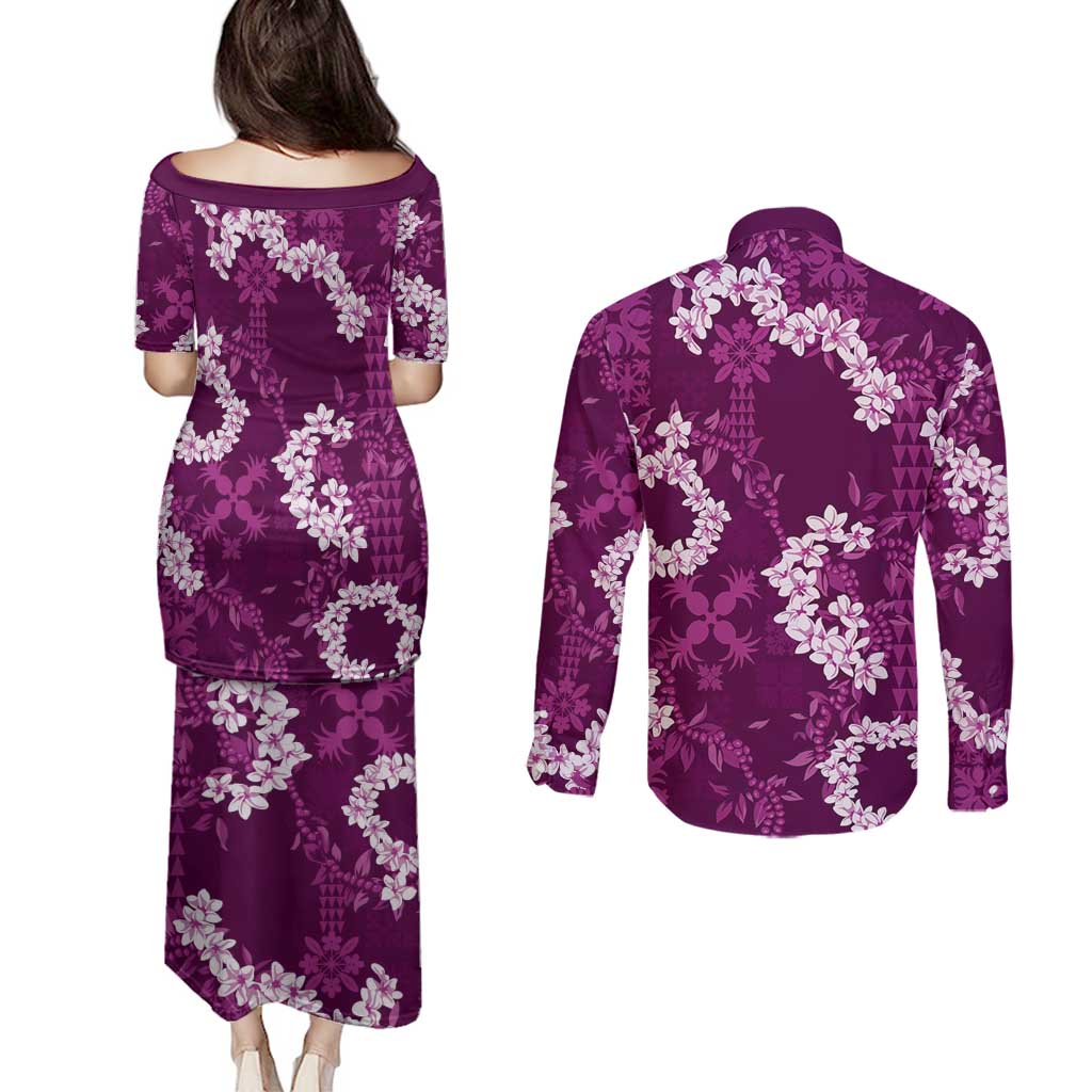 Mokihana Maile and Ilima Leis Couples Matching Puletasi and Long Sleeve Button Shirt Akala Hawaiian Tapa Quilt Pattern - Polynesian Pride