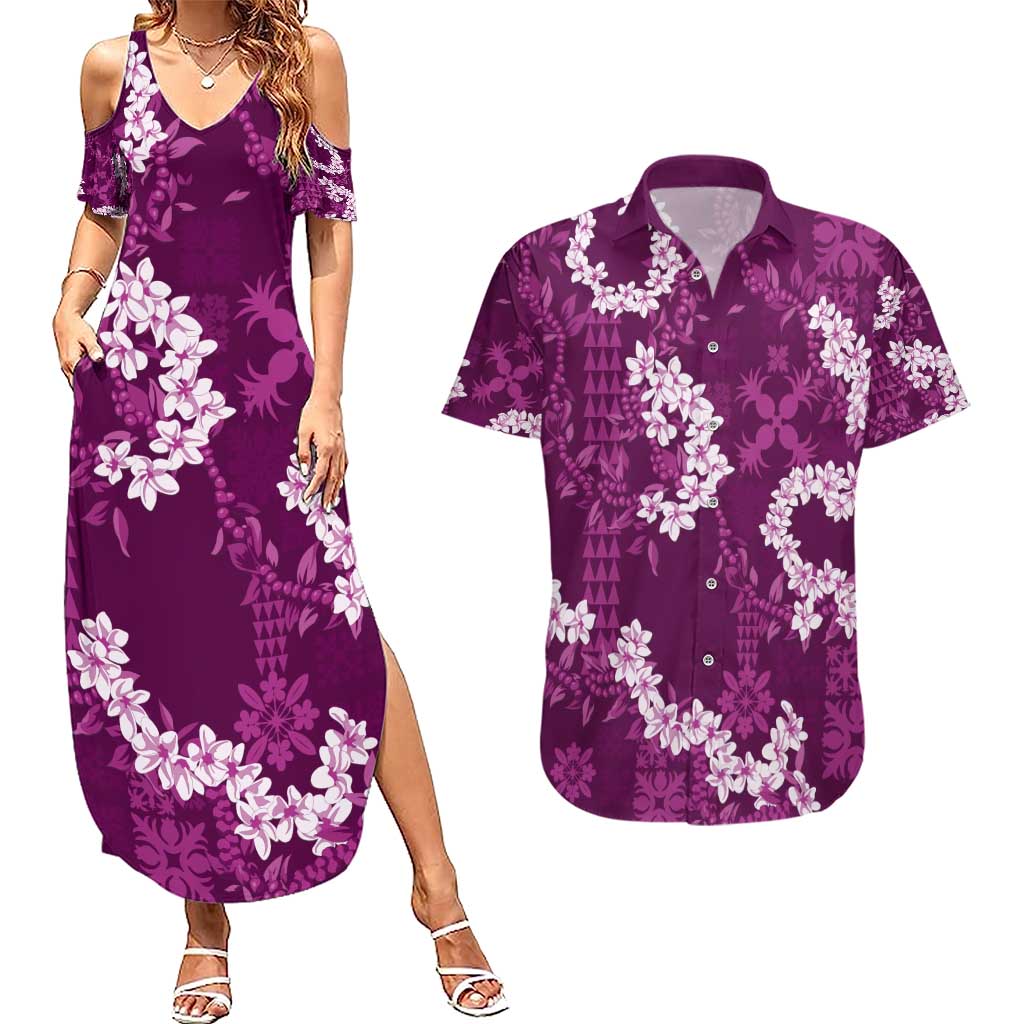 Mokihana Maile and Ilima Leis Couples Matching Summer Maxi Dress and Hawaiian Shirt Akala Hawaiian Tapa Quilt Pattern - Polynesian Pride