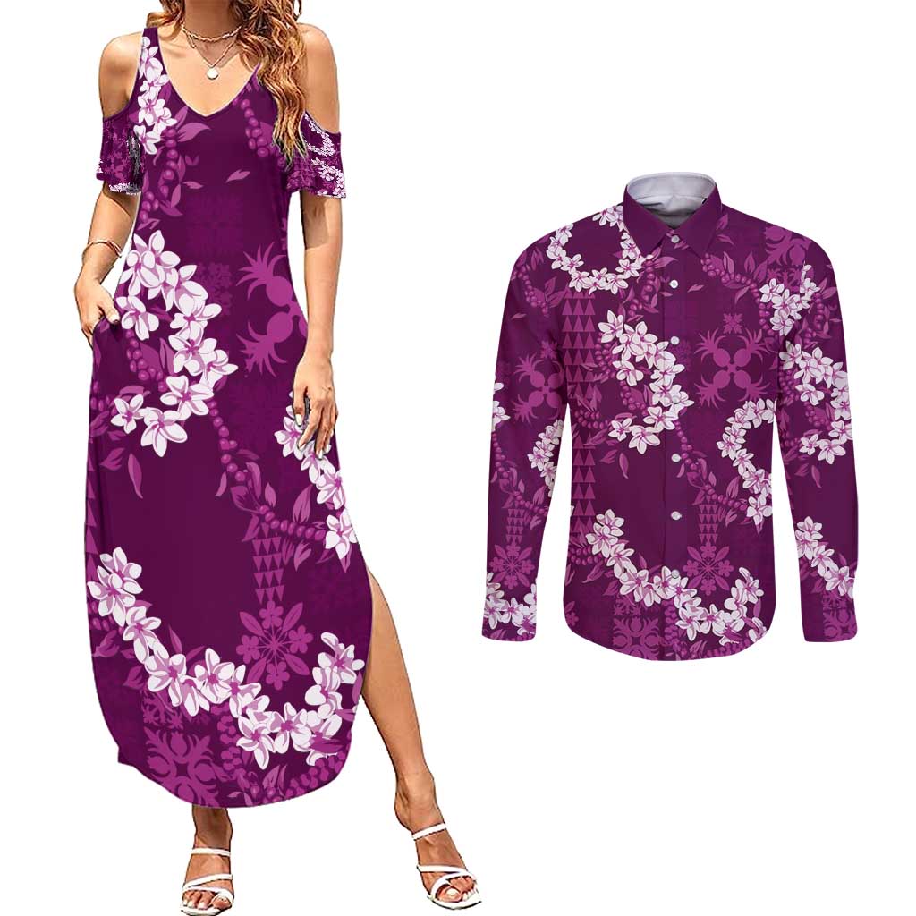Mokihana Maile and Ilima Leis Couples Matching Summer Maxi Dress and Long Sleeve Button Shirt Akala Hawaiian Tapa Quilt Pattern - Polynesian Pride
