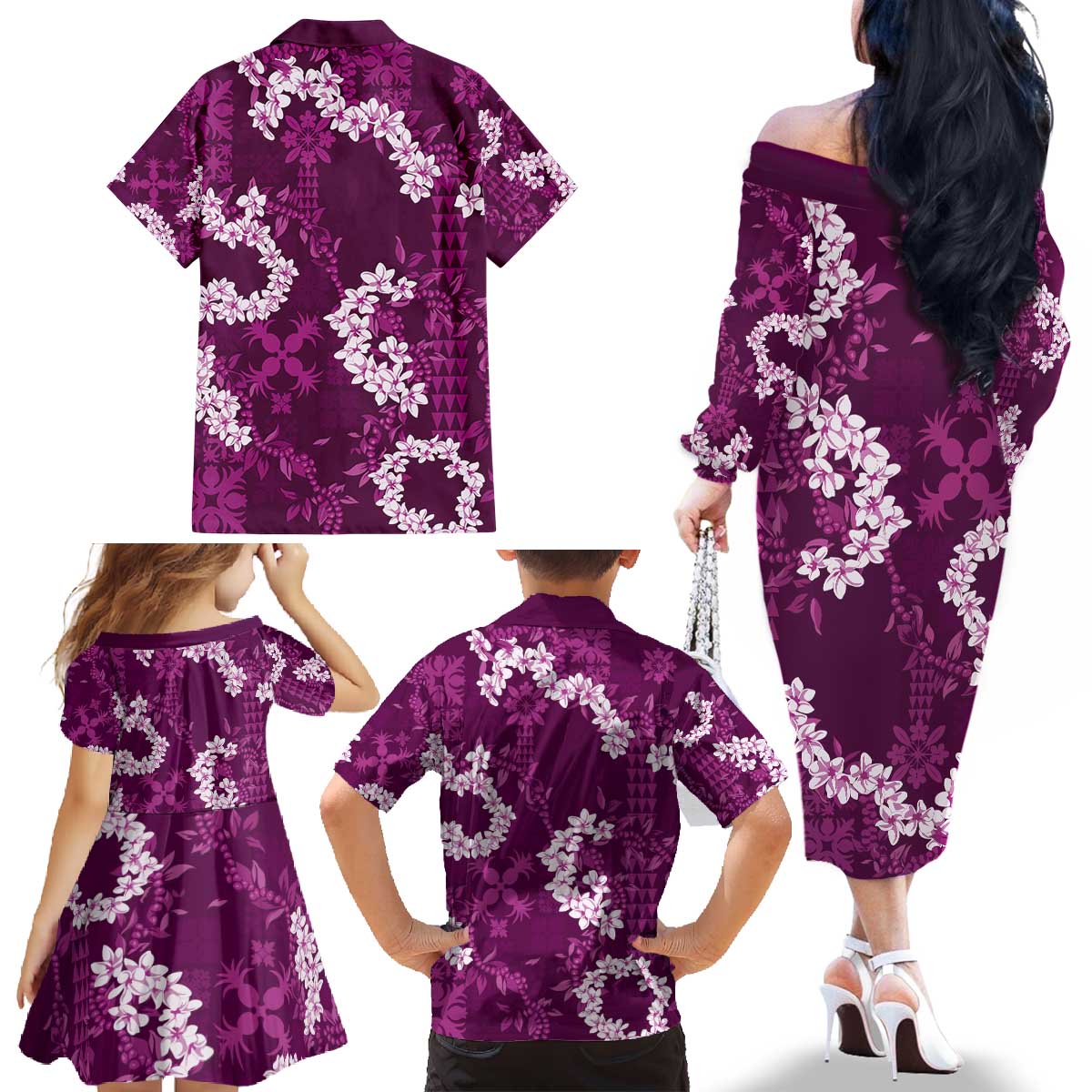 Mokihana Maile and Ilima Leis Family Matching Off The Shoulder Long Sleeve Dress and Hawaiian Shirt Akala Hawaiian Tapa Quilt Pattern - Polynesian Pride