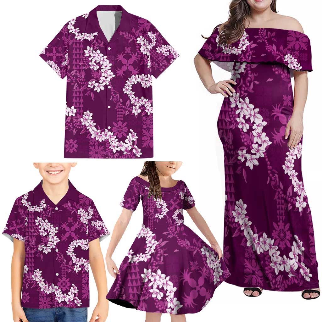 Mokihana Maile and Ilima Leis Family Matching Off Shoulder Maxi Dress and Hawaiian Shirt Akala Hawaiian Tapa Quilt Pattern - Polynesian Pride