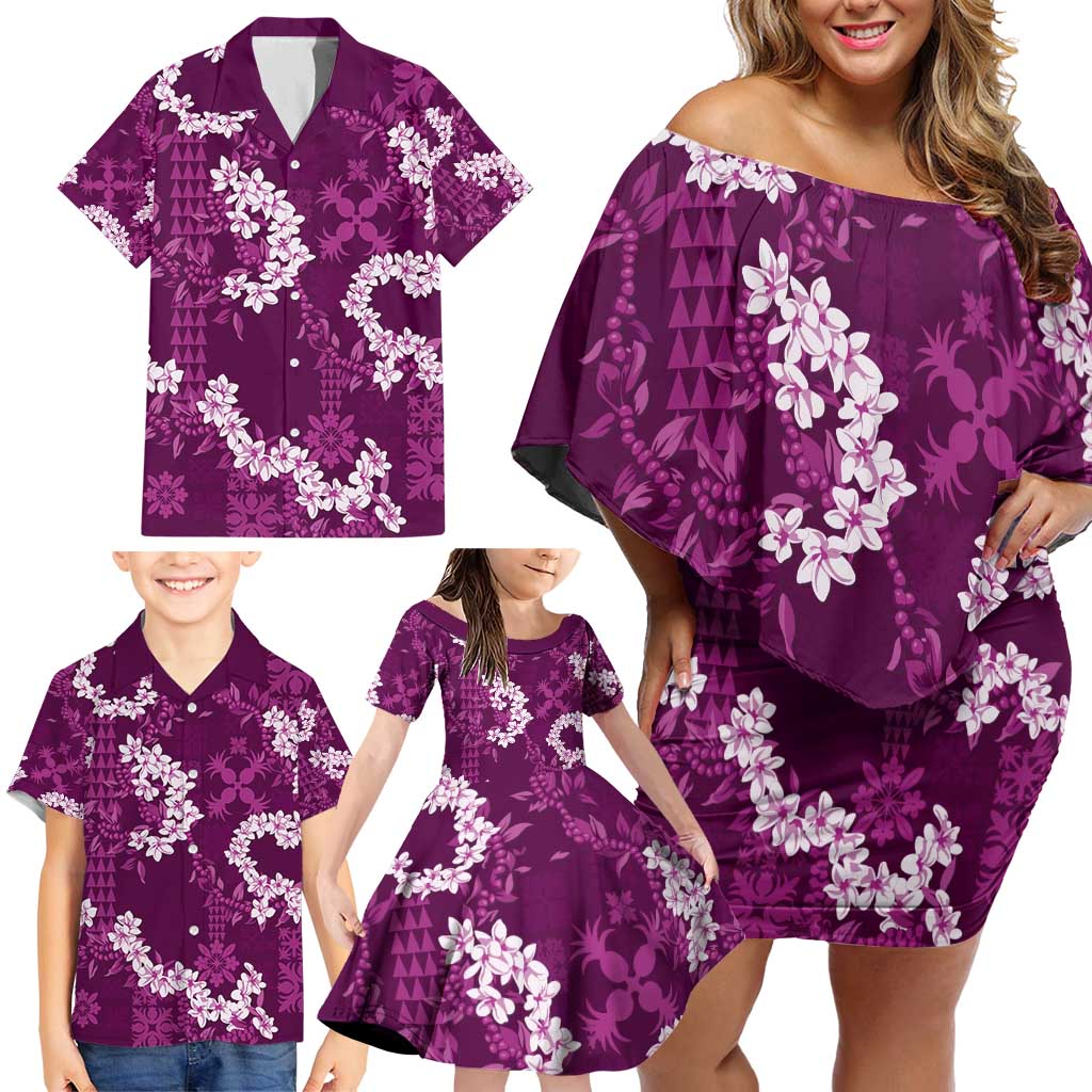 Mokihana Maile and Ilima Leis Family Matching Off Shoulder Short Dress and Hawaiian Shirt Akala Hawaiian Tapa Quilt Pattern - Polynesian Pride