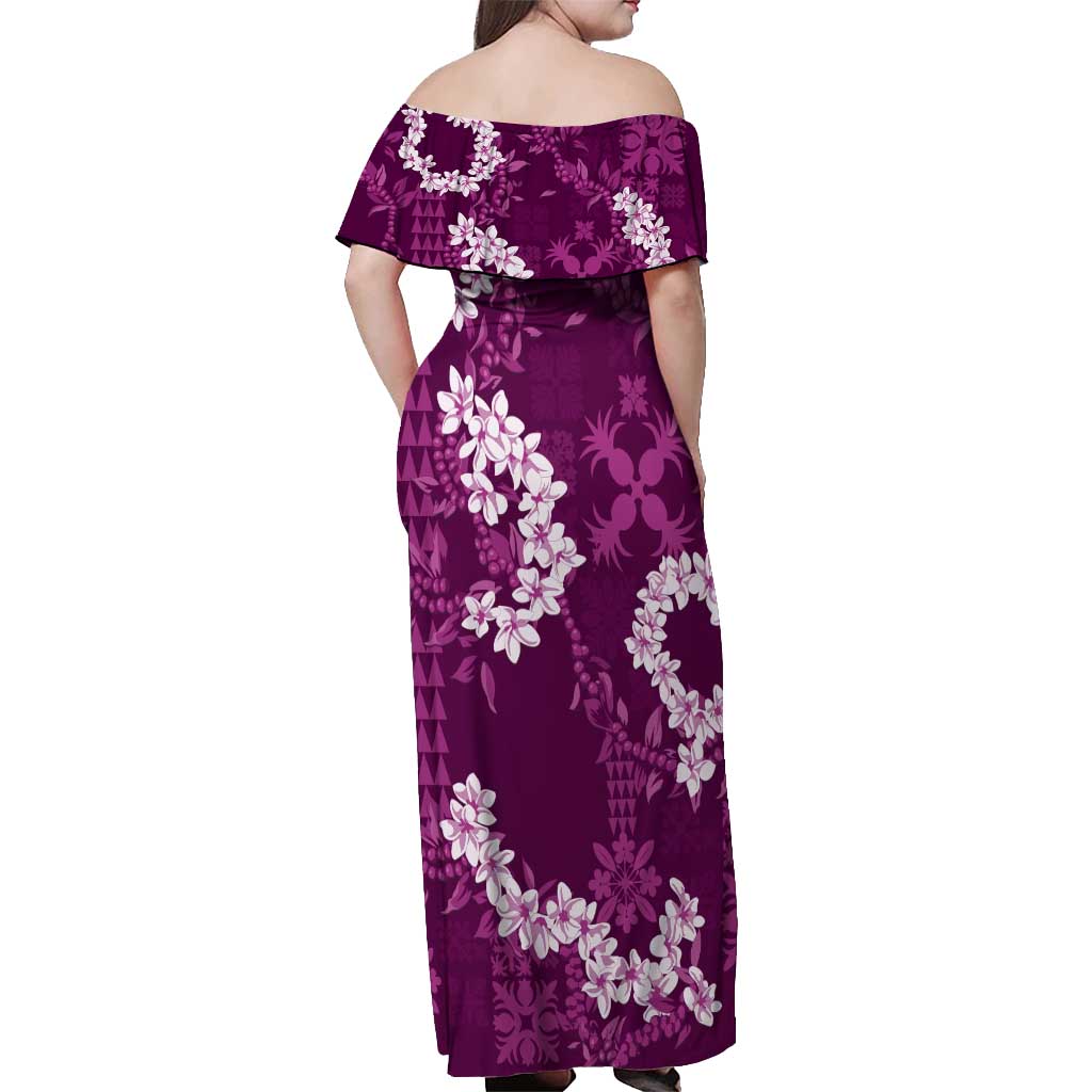 Mokihana Maile and Ilima Leis Off Shoulder Maxi Dress Akala Hawaiian Tapa Quilt Pattern - Polynesian Pride