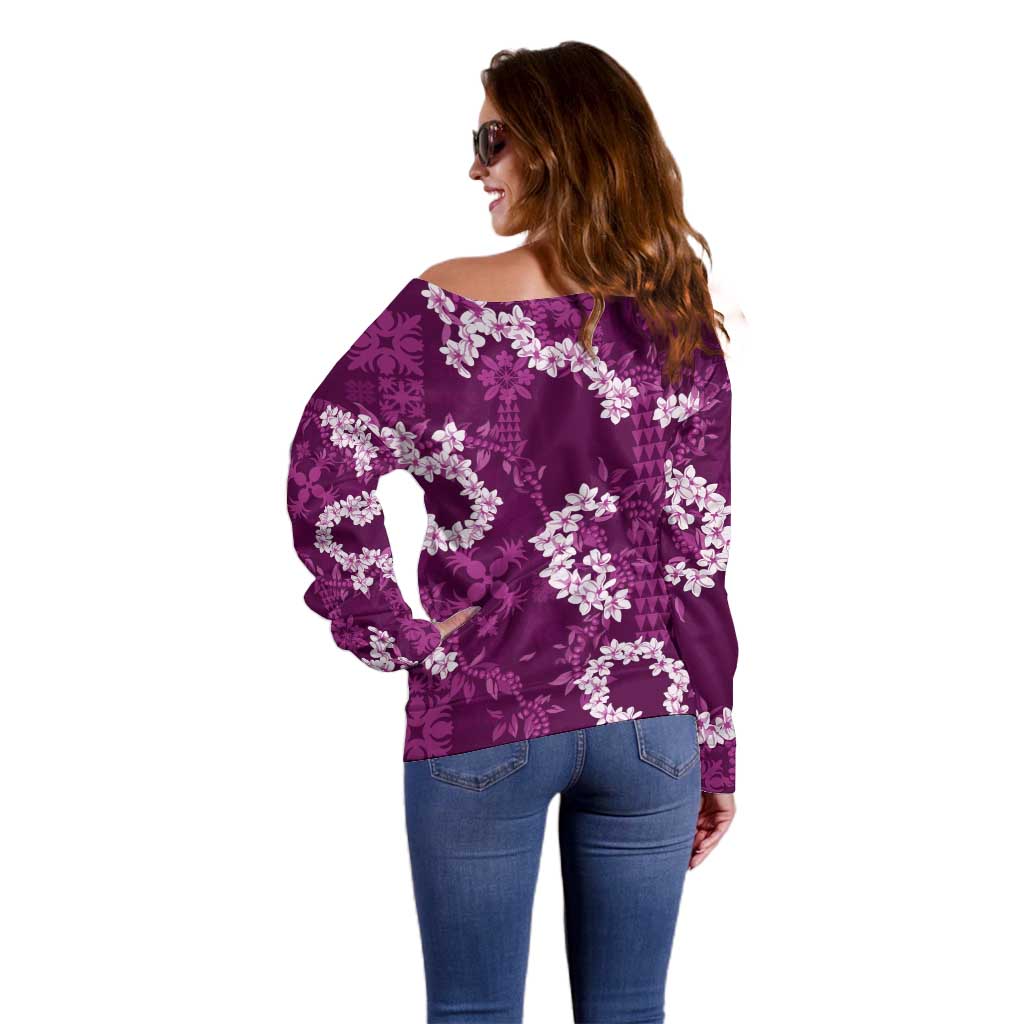 Mokihana Maile and Ilima Leis Off Shoulder Sweater Akala Hawaiian Tapa Quilt Pattern - Polynesian Pride