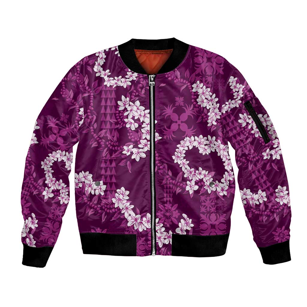 Mokihana Maile and Ilima Leis Sleeve Zip Bomber Jacket Akala Hawaiian Tapa Quilt Pattern - Polynesian Pride
