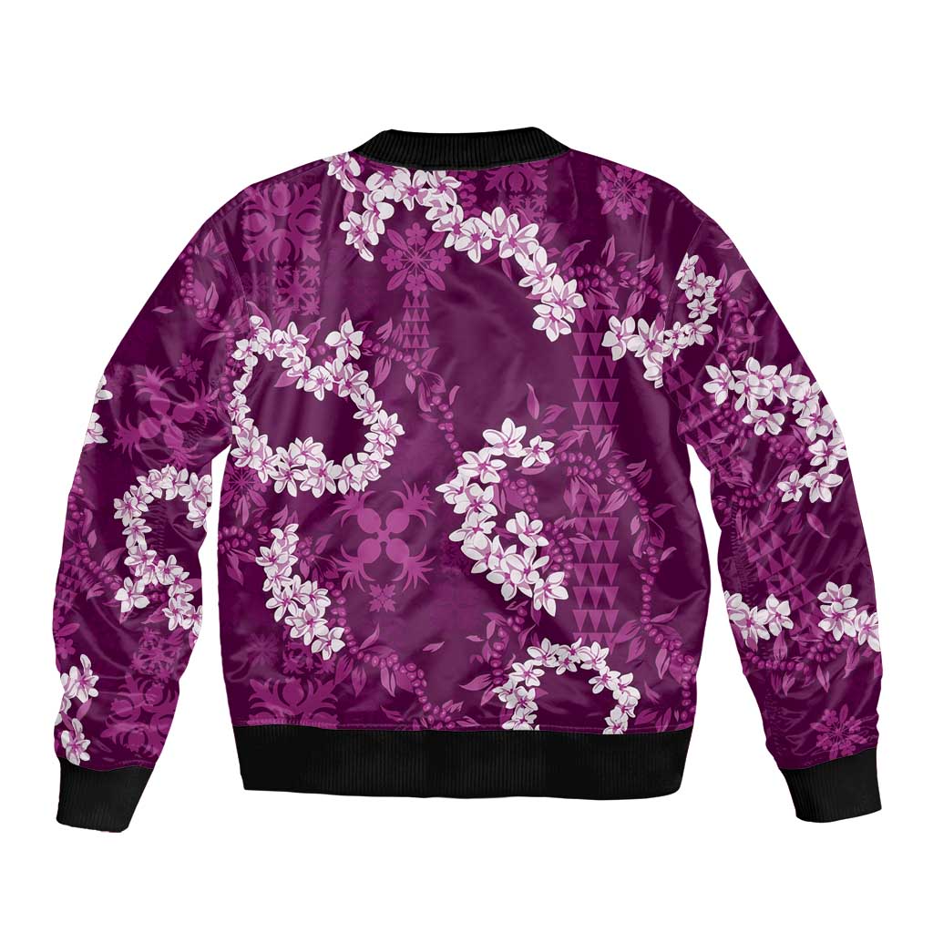 Mokihana Maile and Ilima Leis Sleeve Zip Bomber Jacket Akala Hawaiian Tapa Quilt Pattern - Polynesian Pride